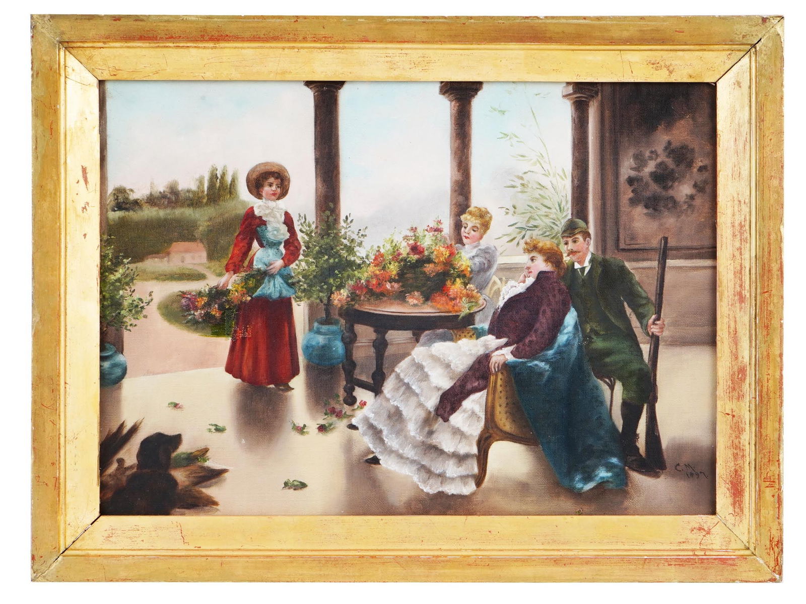 ANTIQUE OIL PAINTING AFTER JULIUS LEBLANC STEWART: Oil on canvas painting. After an original artwork by Julius Leblanc Stewart, 1855 to 1919, an American academic artist who spent his career in Paris. The piece represents a genre scene, a group of peo