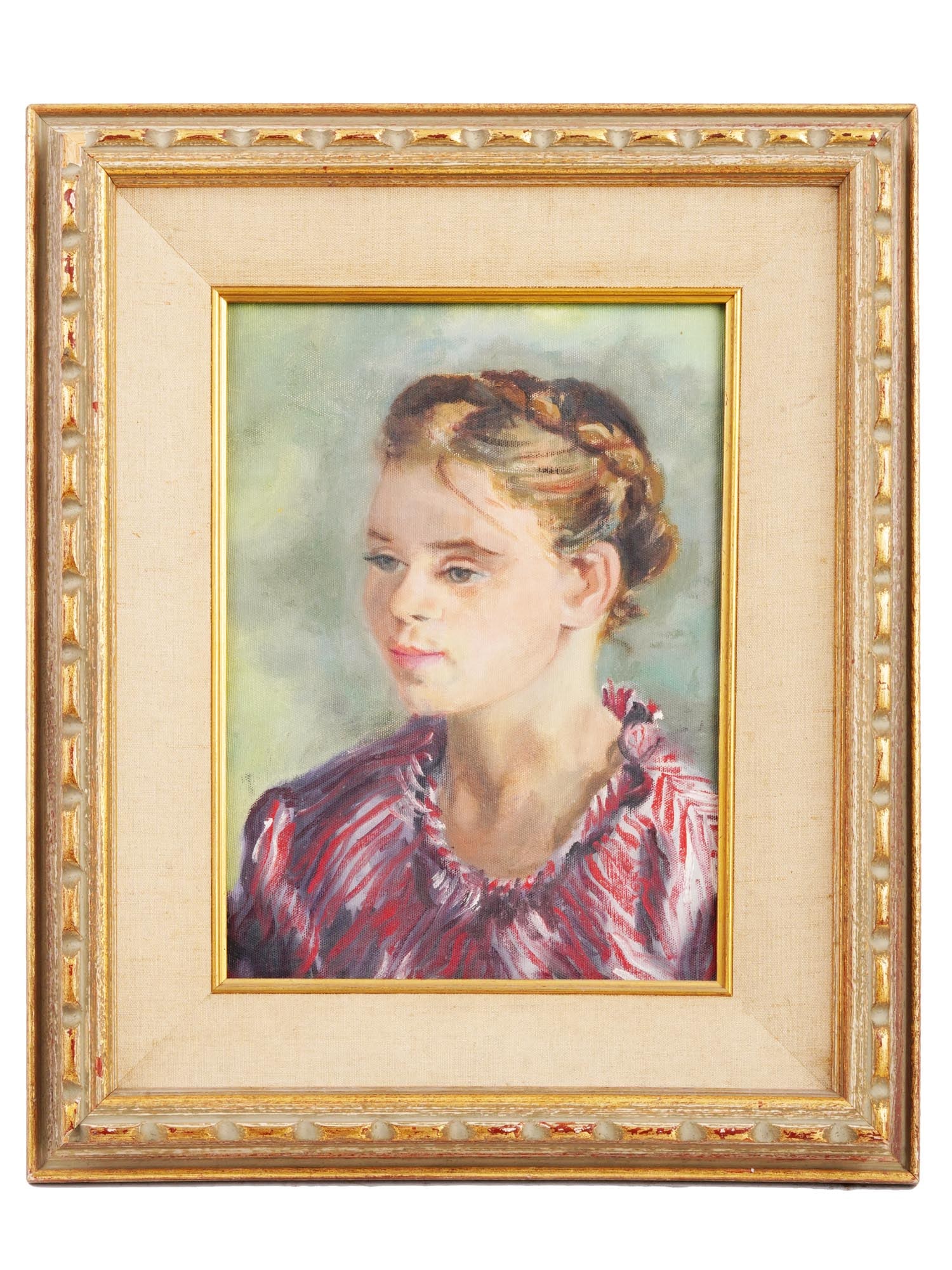 MID CENTURY OIL PORTRAIT PAINTING BY ELAINE LUND: Elaine Lund, American 1926 to 2006, an oil on canvas painting depicting a portrait of a young woman, circa 1940s-1960s. Unsigned. Framed. Provenance: purchased from the artist’s estate. Lund and her