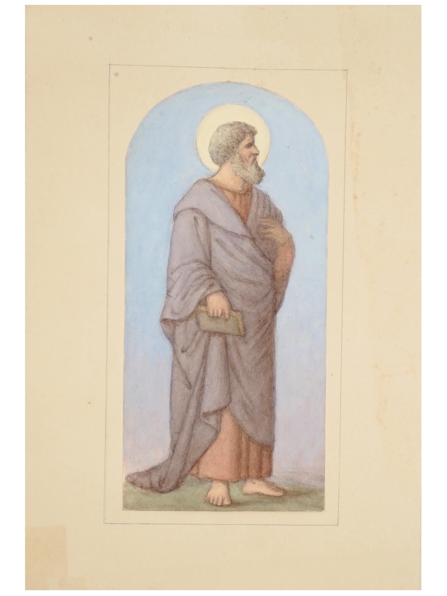 ANTIQUE 19TH C GERMAN PAINTING BY GERHARD SIPMANN: Watercolor and pencil on paper painting by Gerhard Sipmann, 1780 to 1866, a German painter and art teacher. The artwork depicts a Christian saint, presumably Saint Mark the Evangelist. Dated early 19t