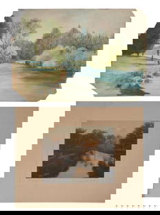 TWO ANTIQUE LANDSCAPE ARTWORKS, ONE BY W. NUTTING: The lot includes a hand painted early 20th century watercolor on cardboard landscape painting and a hand-colored photo of a Barre Brook by Wallace Nutting, circa 1915-25. Exterior tree-lined pond scen