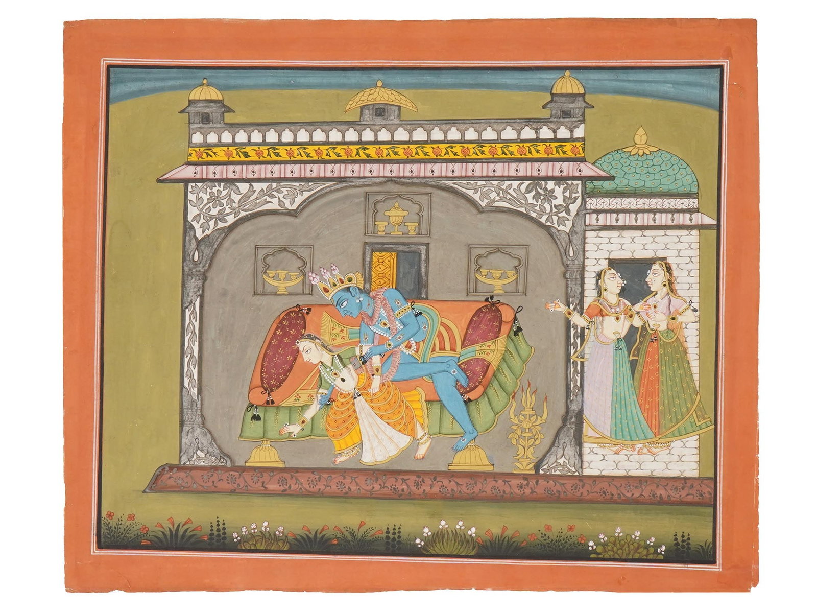 INDIAN PAHARI SCHOOL RADHA KRISHNA MINIATURE PAINTING: An Indian Pahari School watercolor miniature painting from Rasamanjari series. The artwork depicts an erotic scene with Radha and Krishna. Note Rasamanjari is a 15th century Sanskrit text by Bhanudatt