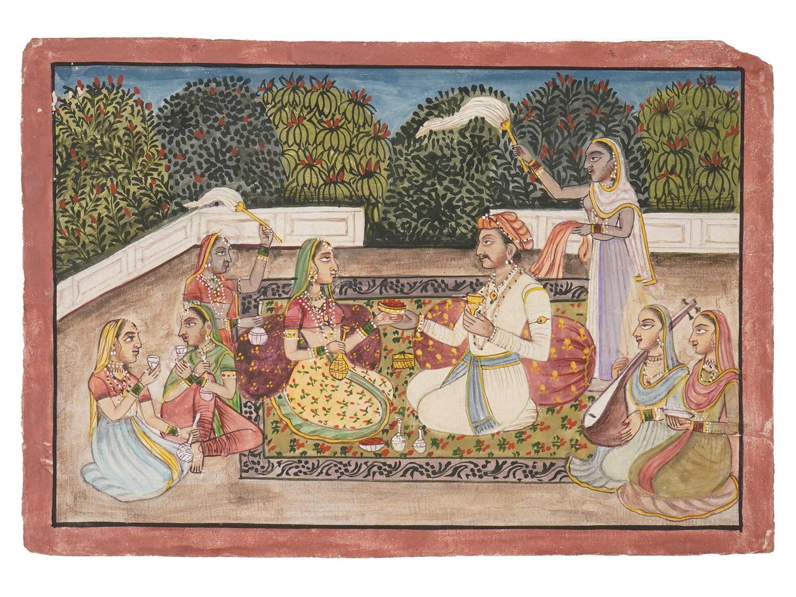 ANTIQUE INDIAN BIKANER SCHOOL MINIATURE PAINTING: An antique Indian Bikaner School miniature painting. The painting depicts a queen and a king at a palace terrace. Note: the Bikaner school of miniature painting, a prominent sub-school within the broa