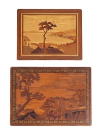 TWO FRAMED WOODEN MOSAIC MARQUETRY LANDSCAPE PANELS