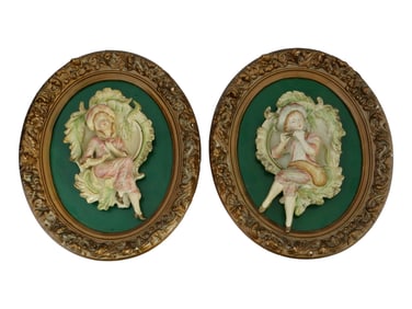 MID CENTURY COLORED CHALKWARE LOVE COUPLE WALL PLAQUES