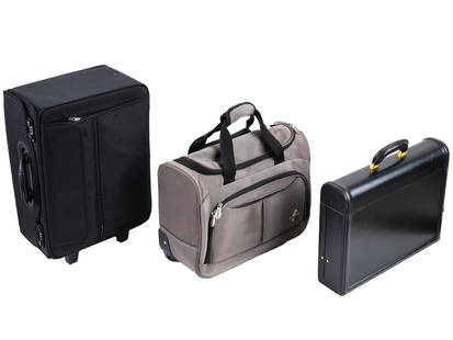 VINTAGE FABRIC TRAVEL BAG AND CARRY ON SUITCASES: A lot of 3 vintage travel bags. A black fabric carry-on suitcase with lock. A grey fabrich bag by Atlantic. A black leather diplomat suitcase with lock by Bally. Business Bags And Luggage, Travel Acce