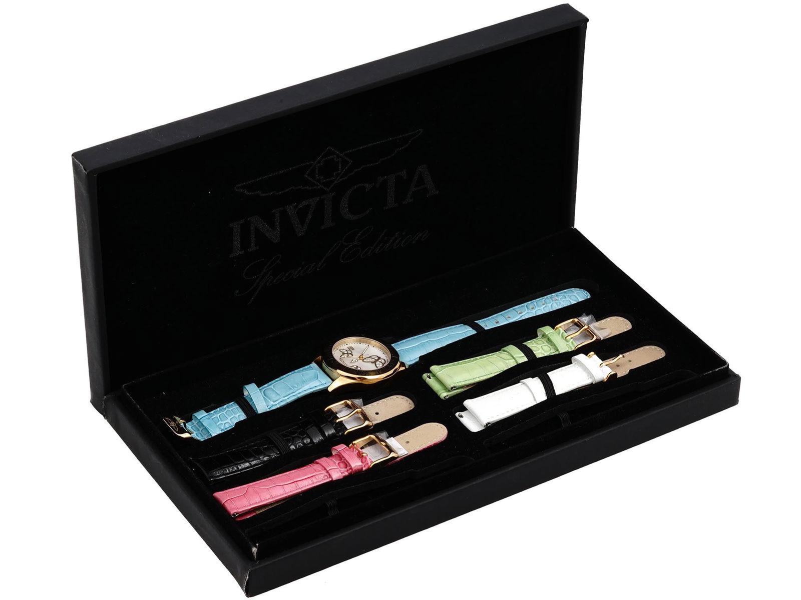 INVICTA WILDFLOWER WRIST WATCH WITH BRACELETS IOB: A vintage ladies wristwatch by Invicta. Special Edition, Wildflower collection, model 14594. Tritnite night glow. Water resistant. Round stainless steel case, gilt bezel, single crown. Mother-of-pearl