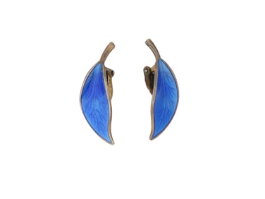VINTAGE DAVID ANDERSEN SILVER BLUE ENAMEL LEAF EARRINGS