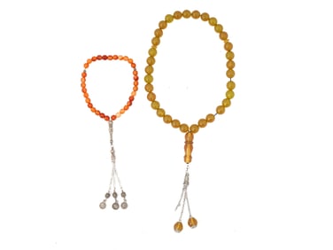 VINTAGE PRAYER BEADS CARNELIAN AND AMBER WITH DANGLES