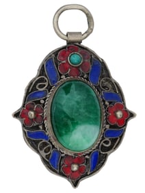 VINTAGE CHINESE SILVER ENAMEL JADE STONE PENDANT
