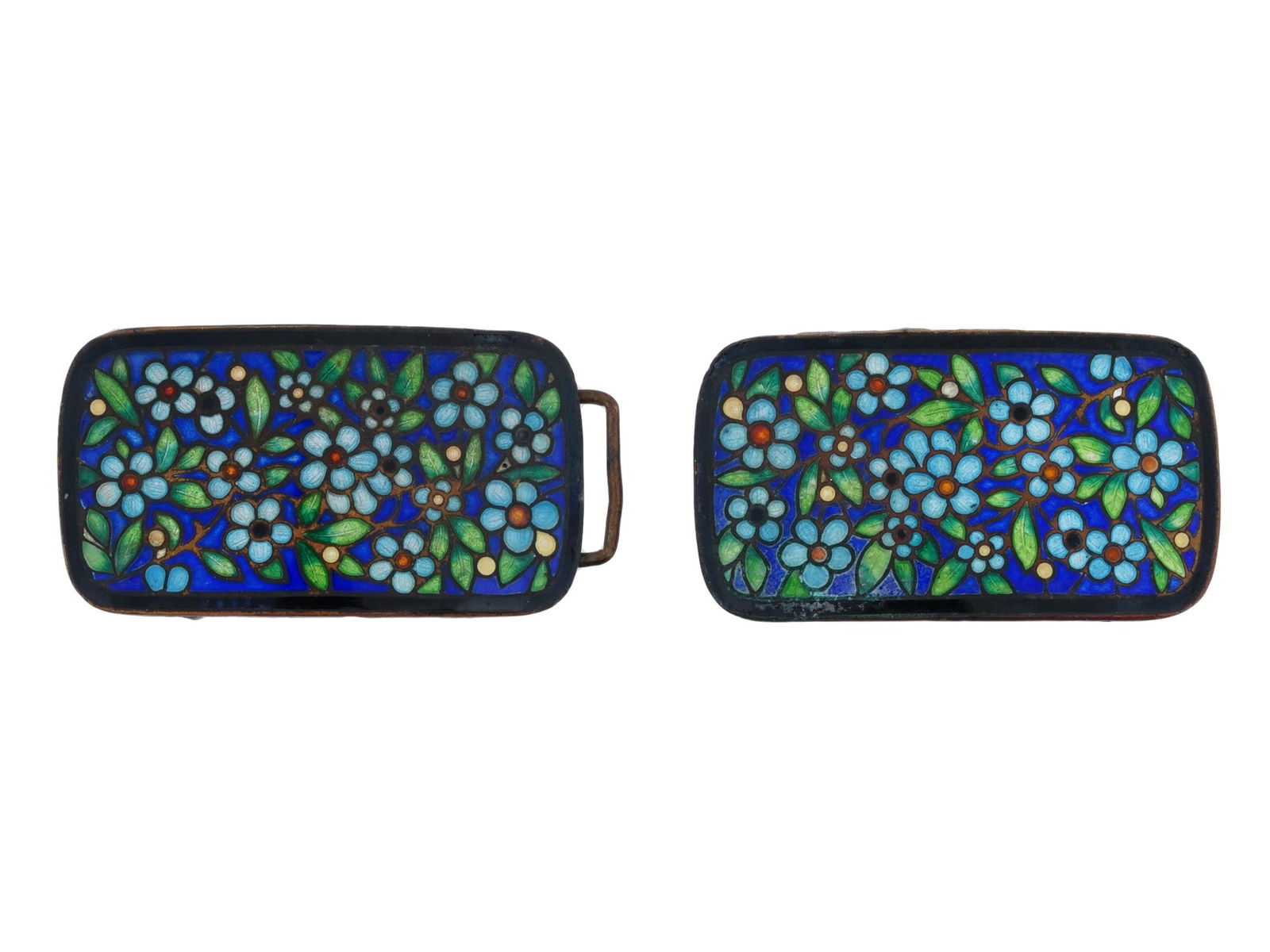 CZECHOSLOVAKIAN FLORAL CLOISONNE ENAMEL BELT BUCKLE: A vintage Czechoslovakian enamel belt buckle made in the Asian design. The rectangular shaped ware consists of two parts with a clasp. The belt buckle is covered with polychrome enamel floral and foli