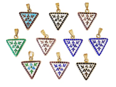 INDIAN ENAMELED TRIANGULAR PENDANTS W FOLIAGE ORNAMENT