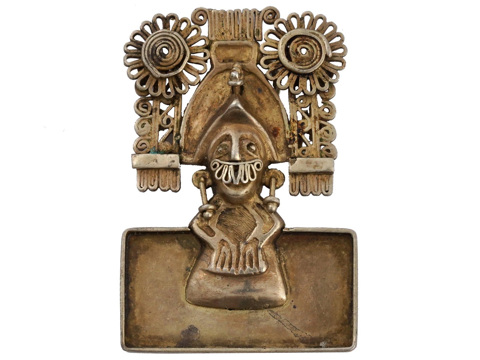VINTAGE MEXICAN STERLING SILVER TOTEM BROOCH PENDANT: A vintage Mexican gilt sterling silver brooch pendant. The piece represents a Mayan or Mixtec totem. Pierced metalwork. Total Weight: 13 grams. Vintage Tribal Costume Jewelry, Latin American Travel So