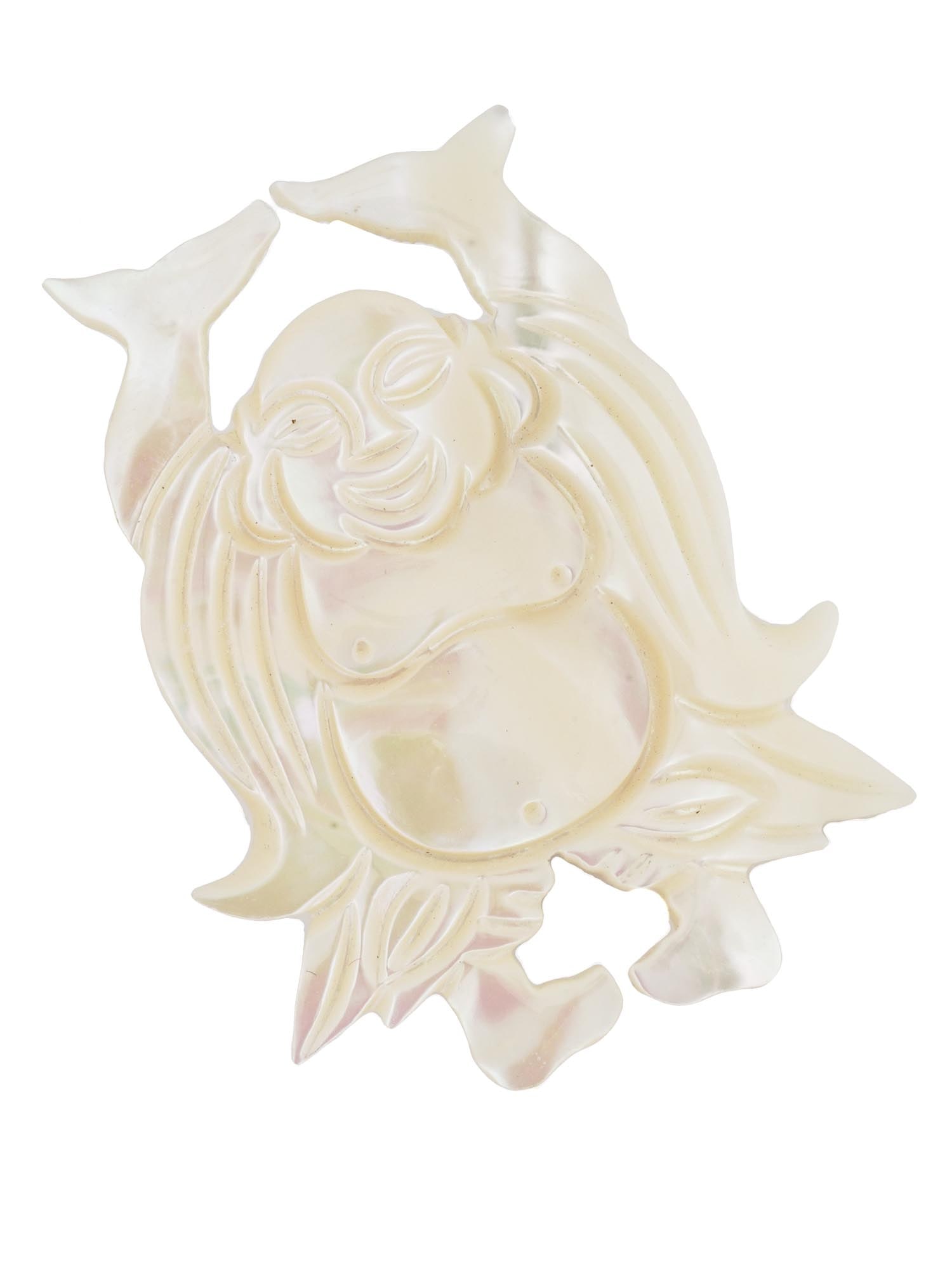 VINTAGE CARVED MOTHER OF PEARL BUDDHA PIN BROOCH: A vintage carved mother-of-pearl figural brooch representing Laughing Buddha, also known as Fat Buddha or Budai. Pin backing. Oriental Buddhist Lapel Jewelry And Accessories For Women. THIS LOT