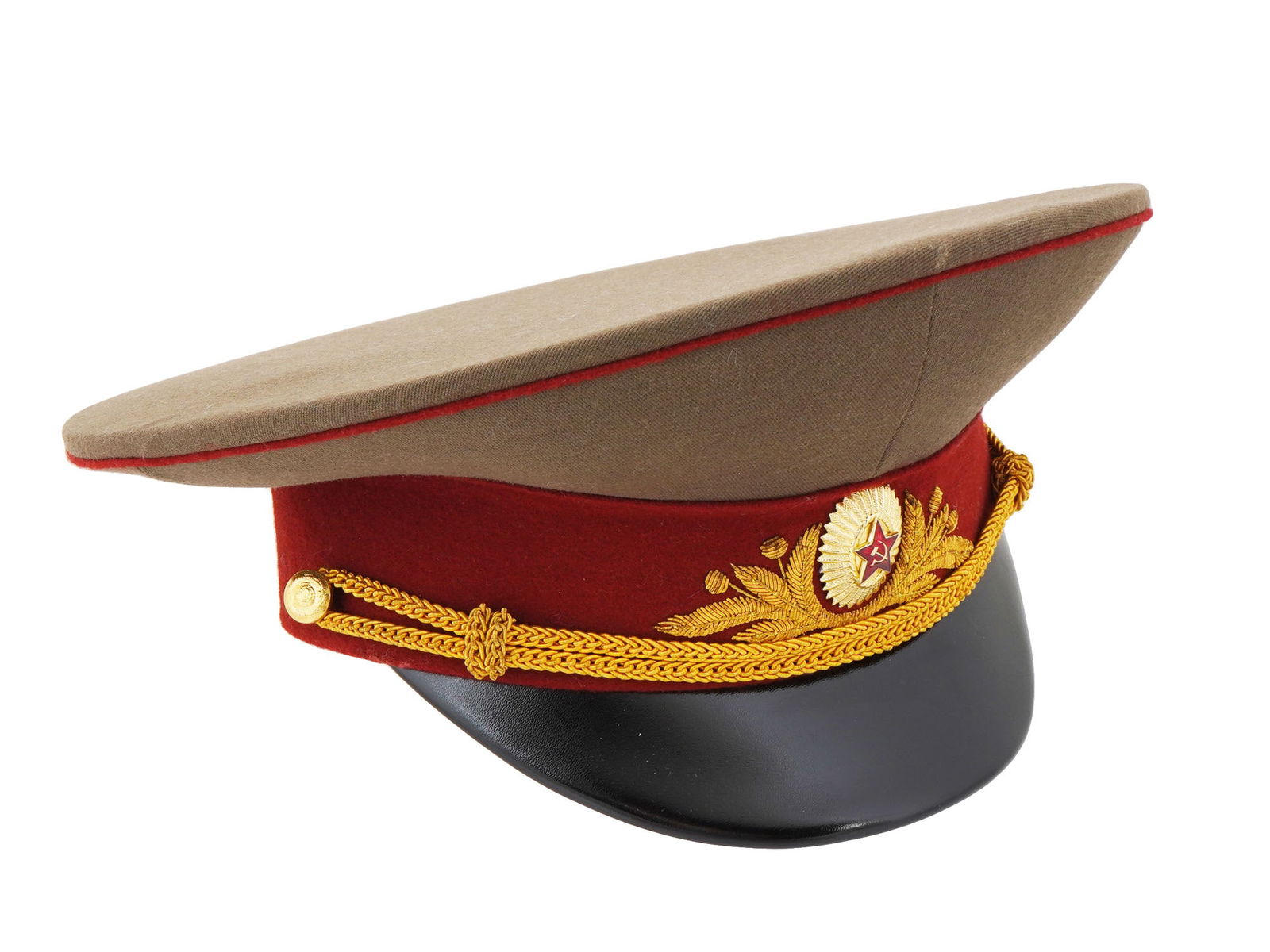 VINTAGE SOVIET GENERAL HAT MOTORIZED AND SPECIAL TROOPS: A vintage Soviet General hat, issued for Motorized Rifle, Special Troops, Medical, Veterinary, Justice, or Intendance branches. This cap reflects the transitional uniform standards introduced in 1980,