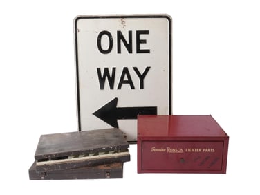 LOT OF THREE INDUSTRIAL STEEL CASES AND ROAD SIGN