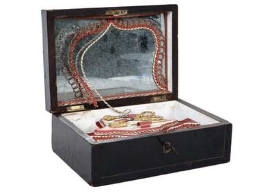 ANTIQUE SEWING TOOLS KIT IN ORIGINAL WOODEN CASE