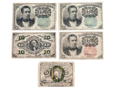 AMERICAN CIVIL WAR FRACTIONAL CURRENCY 10 CENTS: A lot of Civil War era US fractional currency. Three 10 Cents banknotes, Fifth issue, Fr.1265, two with green and one with red seal, the bust of William Meredith is featured on the obverse. 10 Cents b