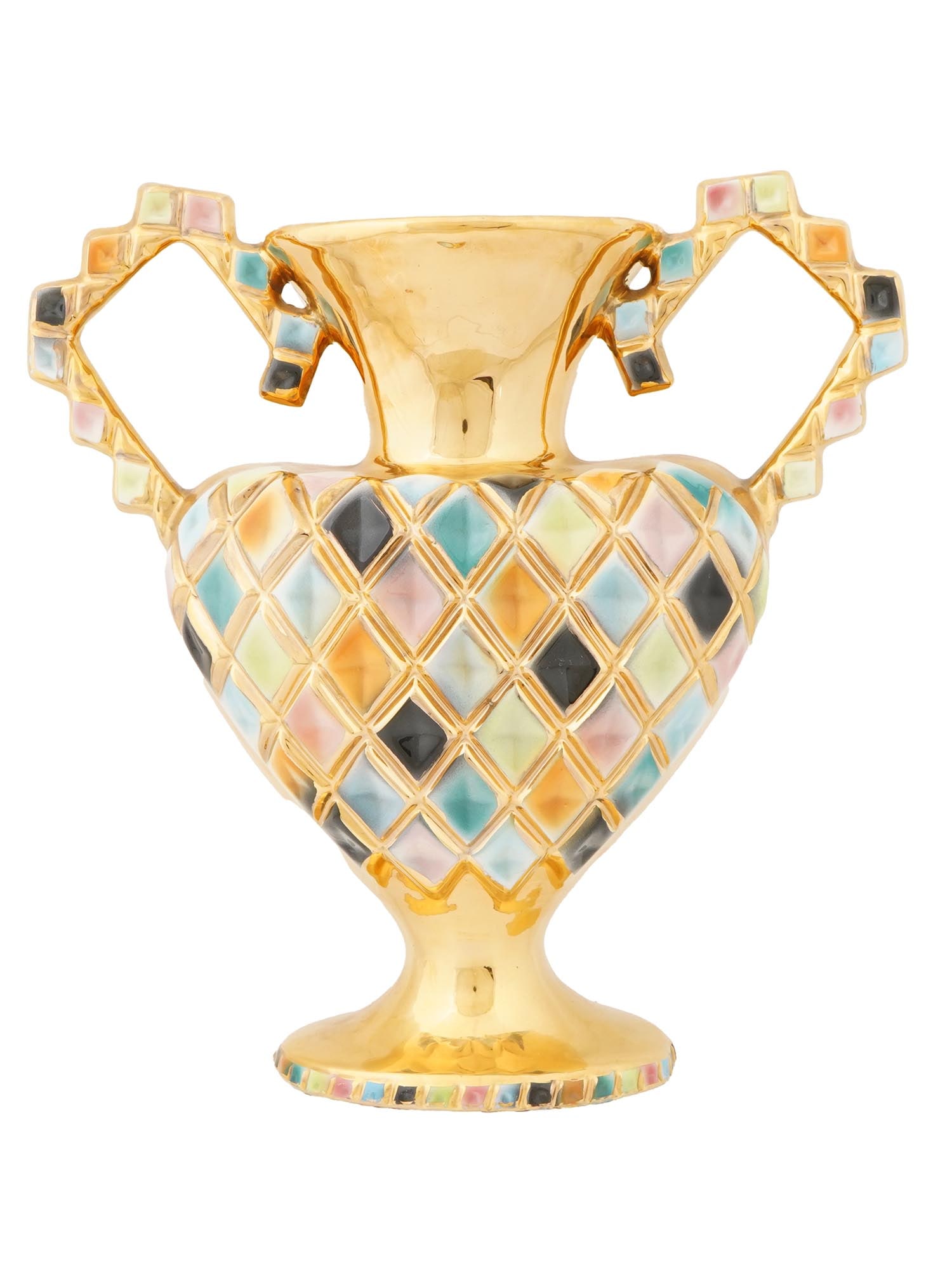 MID CENTURY ITALIAN GILT PORCELAIN VASE: An Italian glazed porcelain vase. Ca. 1960s. Flatened amphora shape with large side handles and pronounced foot. The piece is gilded and features polychrome lozenge tile design. Hand-signed Made in It