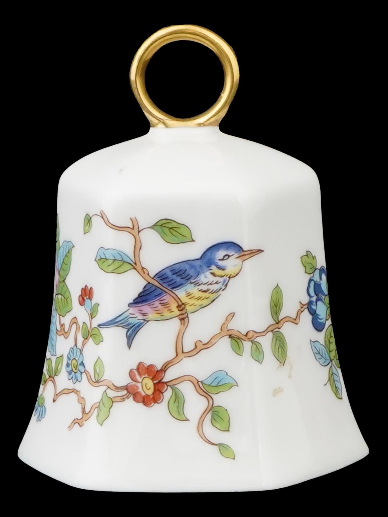 ENGLISH AYNSLEY PEMBROKE BONE CHINA PORCELAIN BELL: An English Bone China porcelain bell by Aynsley Pembroke. The bell is white and decorated with a colorful design featuring a bird perched on flowering branche with red and blue flowers. At the top of