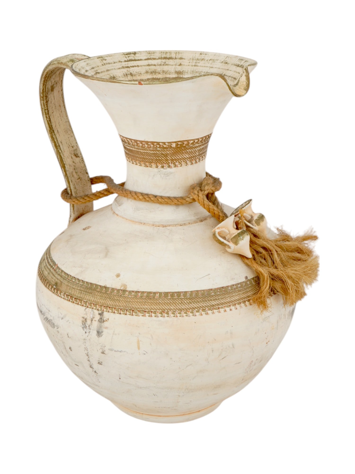ANTIQUE PORTUGUESE HANDCRAFTED TERRACOTTA JUG: An antique Portuguese handcrafted terracotta jug. Circa the early 20th century. The elegant white jug with a rounded body, tapered neck and curved spout. The thin handle descends from the neck of the 