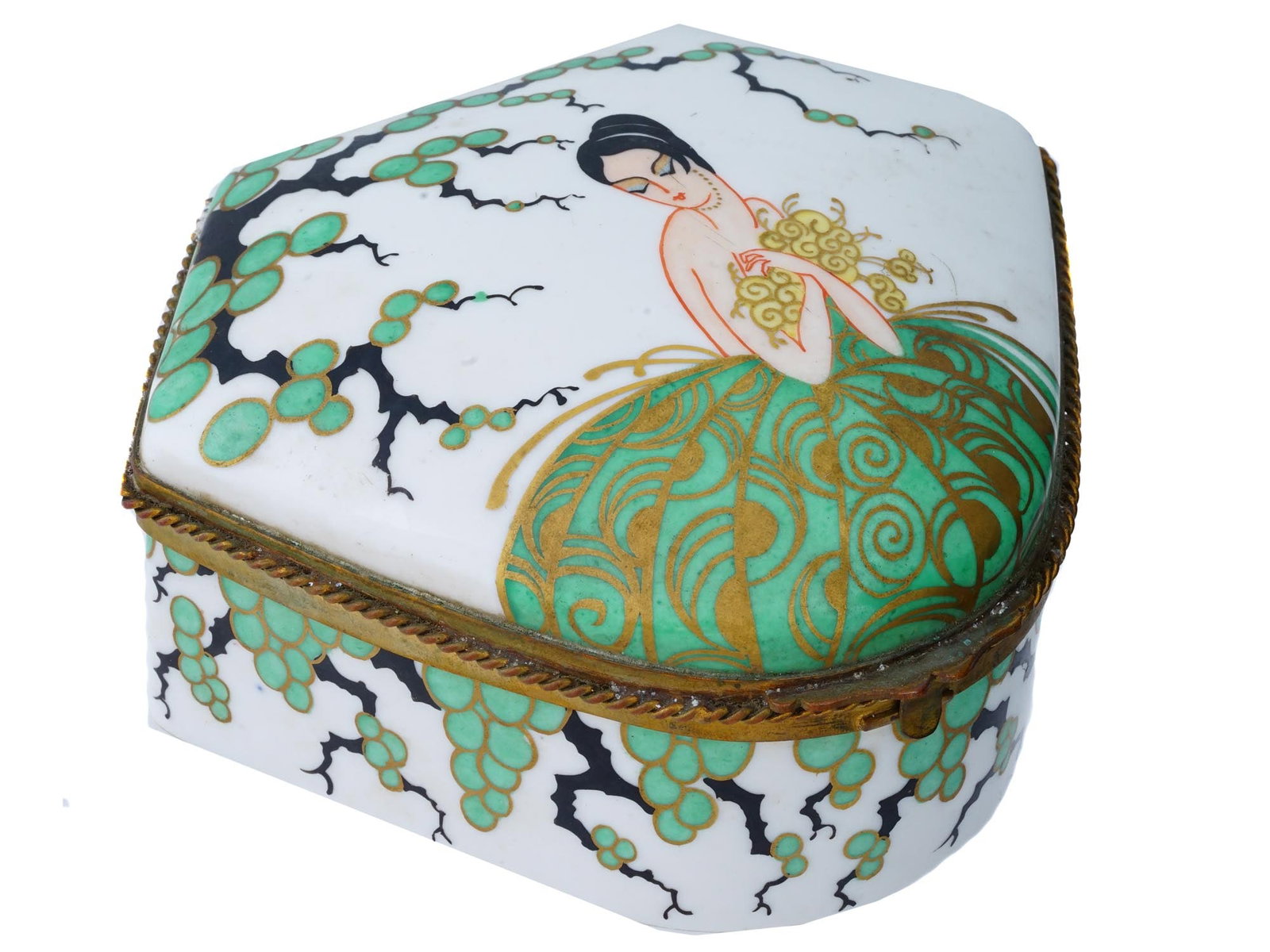 ANTIQUE FRENCH PORCELAIN ART DECO JEWELRY BOX 1920S: An antique French Porcelain Art Deco painted Jewelry Box. Circa 1920s. At the bottom, there is a manufacturers mark A. Hnazary. A box of unusual shape close to a trapezoid. On the lid, there is an ele