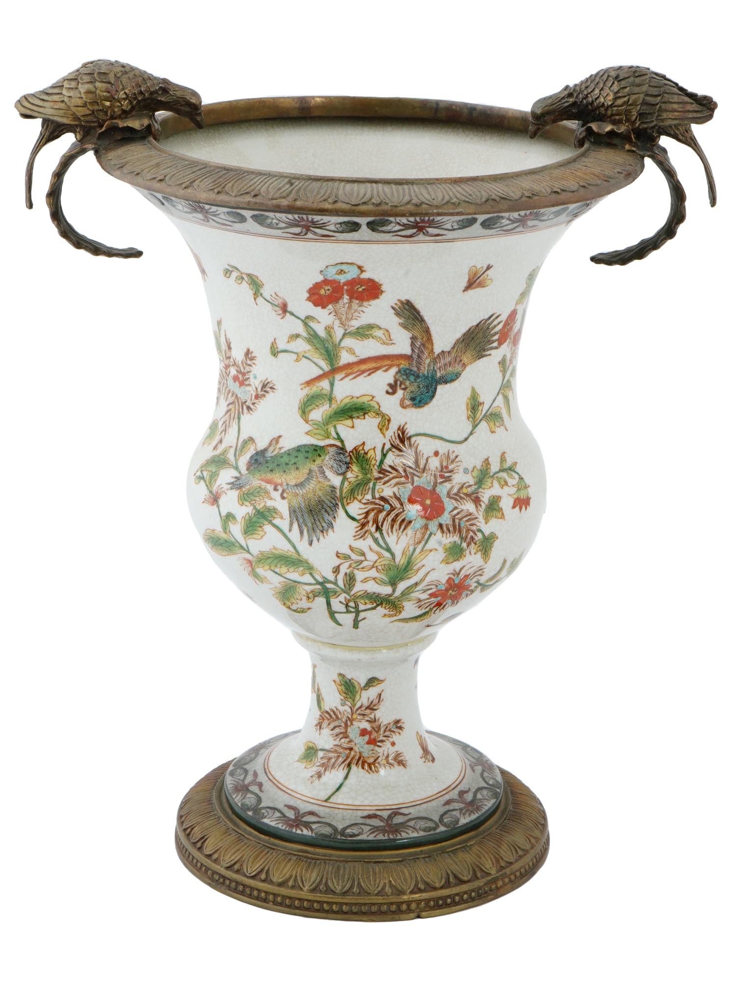 WILLIAM LOWE HAND PAINTED PORCELAIN BRONZE URN VASE: A beautiful William Lowe hand painted porcelain bronze urn vase, decorated with a beautiful floral design and birds on a crackle white background. It has a classic, amphora like shape adorned with two