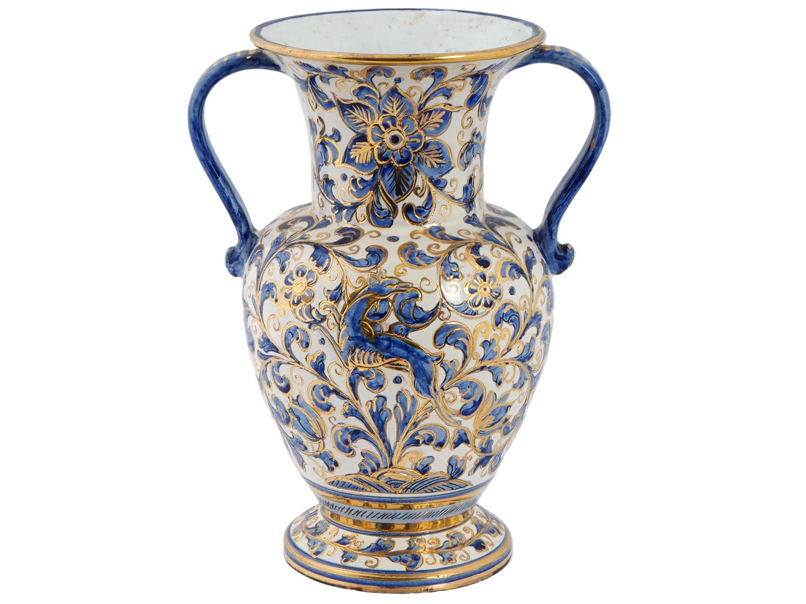VINTAGE ITALIAN HAND PAINTED PORCELAIN FLORAL VASE: A vintage Italian hand painted porcelain vase, decorated with a beautiful floral design and birds, painted in shades of blue and gold on a white background. It has a classic, amphora like shape with t