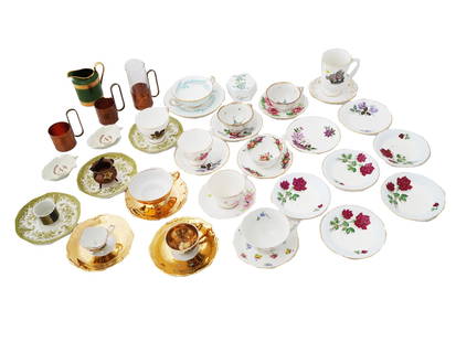 ENGLISH FRENCH PORCELAIN AND JAPANESE BRASS TABLEWARE: An extra large collection of porcelain and brass tableware. The lot includes a large number of Bone China saucers and cups of English manufacture, Royal Staffordshire Meakin, Mid Winter, Queen Anne. F
