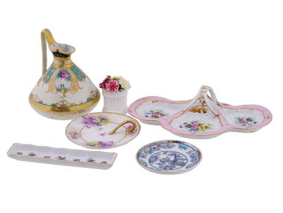 ROYAL RUDOLSTADT STAFFORDSHIRE ASHWORTH PORCELAIN WARE: A lot of vintage porcelain tableware and decor. A total of 6 items. A handled serving plate with violets and gilding, crowned B mark, Prussia, Royal Rudolstadt on the bottom. A dessert plate with hand