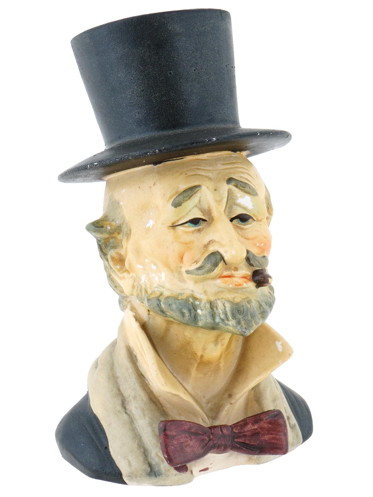 VINTAGE ITALIAN CAPODIMONTE GINO PEZZATO FIGURINE: A vintage Italian Capodimonte Gino Pezzato mid century ceramic elderly gentleman figurine. The figurine represents a haughty elderly gentleman wearing a top hat and a bow tie. Marked Gino Hand Painted