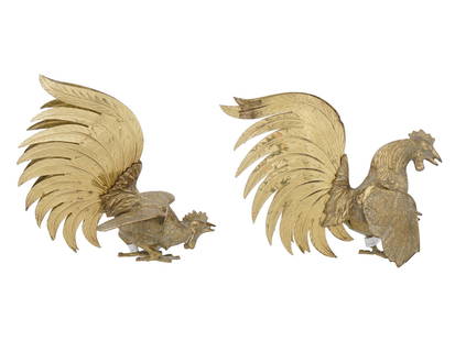 LOT OF TWO BRASS ROOSTER FIGHTING SCULPTURES: A lot of two brass roosters depicting an aggressive fighting stance, capturing dynamic poses. Fine detail work. Home Decor Items For Interior Design. THIS LOT QUALIFIES FOR A 30-DAY UNCONDITION