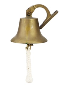 VTG BRASS HANGING SHIP BELL WITH MOUNTS AND ROPE