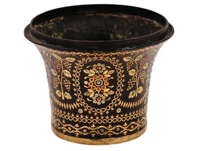 ANTIQUE PERSIAN QAJAR ENAMELED COPPER QALYAN CUP: An antique Persian enameled copper qalyan bowl or cup. Qajar Empire, 1795 to 1925. Taper shape. The piece is decorated with gilt hand-painted floral ornaments and grapes. Qalyan is the Persian term fo