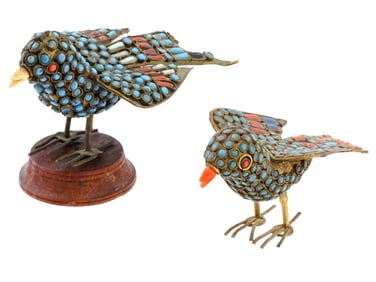 TIBETAN TURQUOISE CORAL BEADED BRASS BIRD FIGURINES