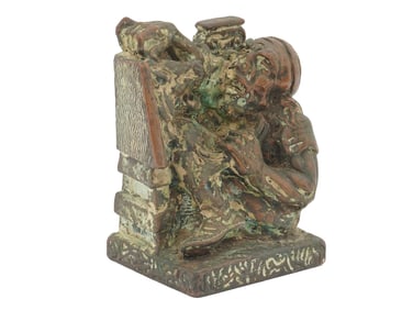 ANTIQUE A MAN AND A WOLF FIGHTING BRONZE BOOKEND