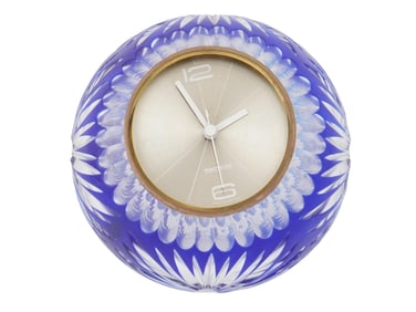 VINTAGE BOHEMIAN CRYSTAL GLASS BLUE CLOCK PAPERWEIGHT