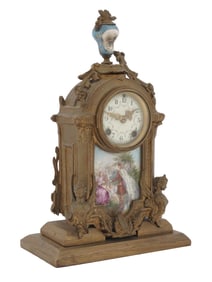 ANTIQUE NEW HAVEN CO BRASS PORCELAIN MANTEL CLOCK