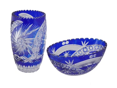 VINTAGE BOHEMIAN BLUE GLASS VASE AND BOWL