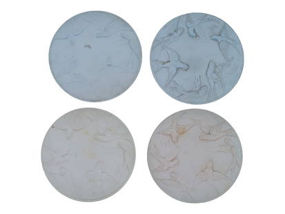 LALIQUE STYLE FROSTED GLASS NUT BOWLS WITH BIRDS: An early to mid-20th century French frosted glass serving bowls. Lalique style. Clear, light blue, and pink glass colors. High relief swallow bird design. Collectible Glassware, Tableware And Servewar