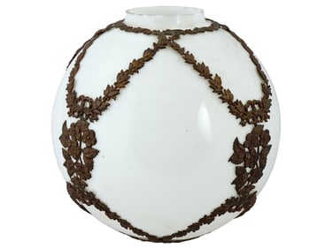 LARGE VINTAGE GLASS LAMPSHADE W METAL FLORAL TRIM