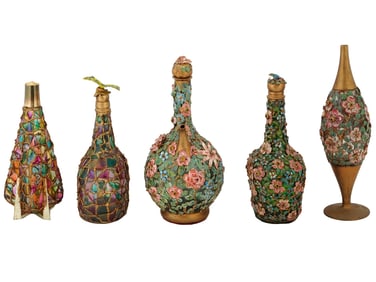 FIVE VINTAGE DECORATIVE HANDMADE BOTTLES F MID 20TH C