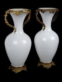 PAIR OF ANTIQUE FRENCH OPALINE GLASS BRONZE VASES
