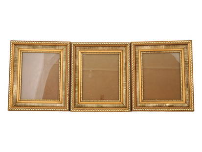COLLECTION OF EUROPEAN SCHOOL GILT WOODEN FRAMES: A collection of three identical European school patinated wooden frames. The frames are adorned with gilding and made in a ribbed design. Circa: the first half of the 20th century. Vintage, Mid centur