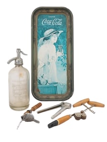 COLLECTION OF BAR AND DINNER WARES COCA COLA TRAY