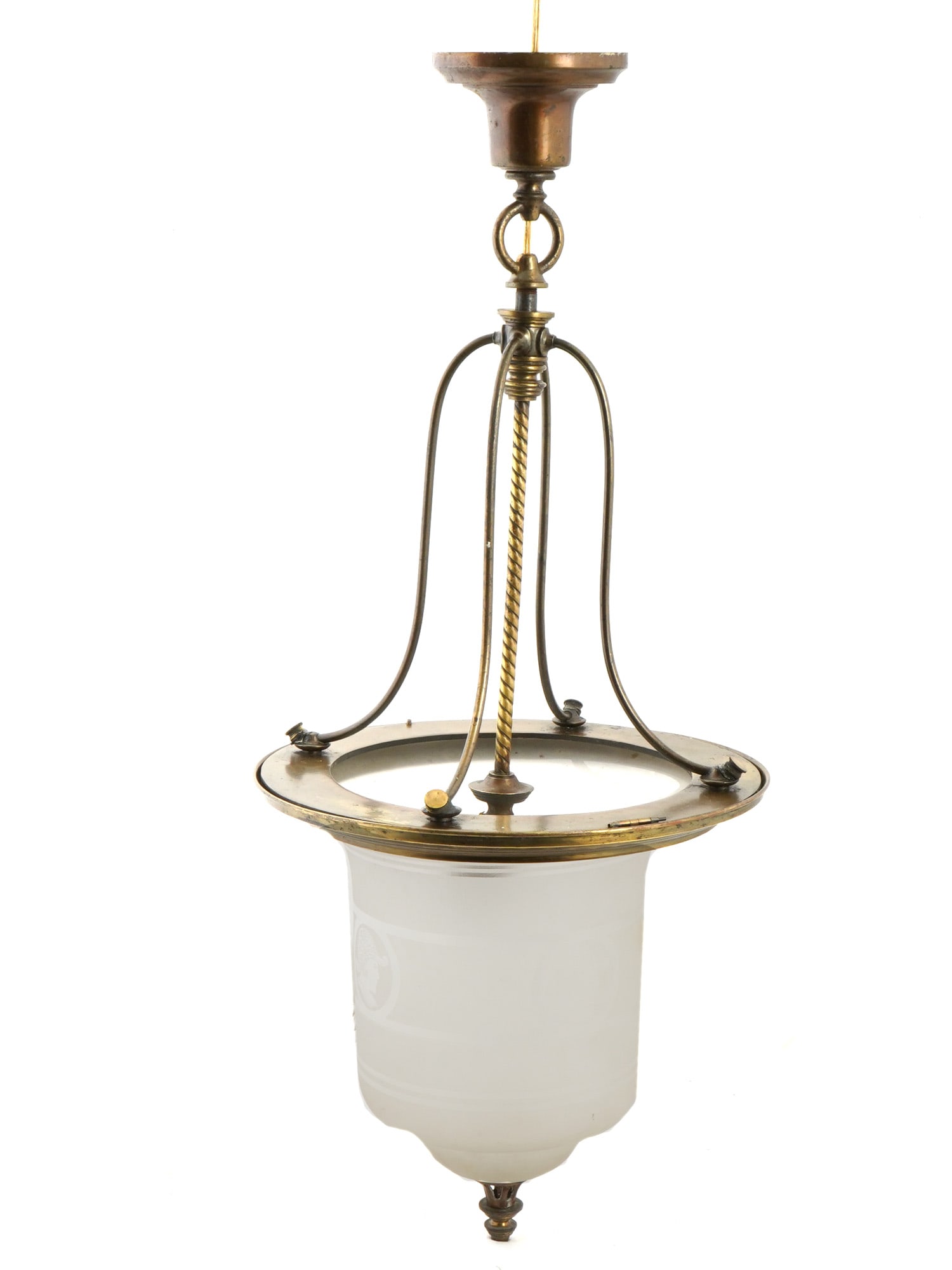 NAPOLEONIC HALL PENDANT ORIGINALLY GAS LAMP: An antique Napoleonic hall pendant, which was originally a gas lamp converted to electricity. The pendant consists of a metal frame that suspends a frosted and etched glass shade. The shade is cylindr