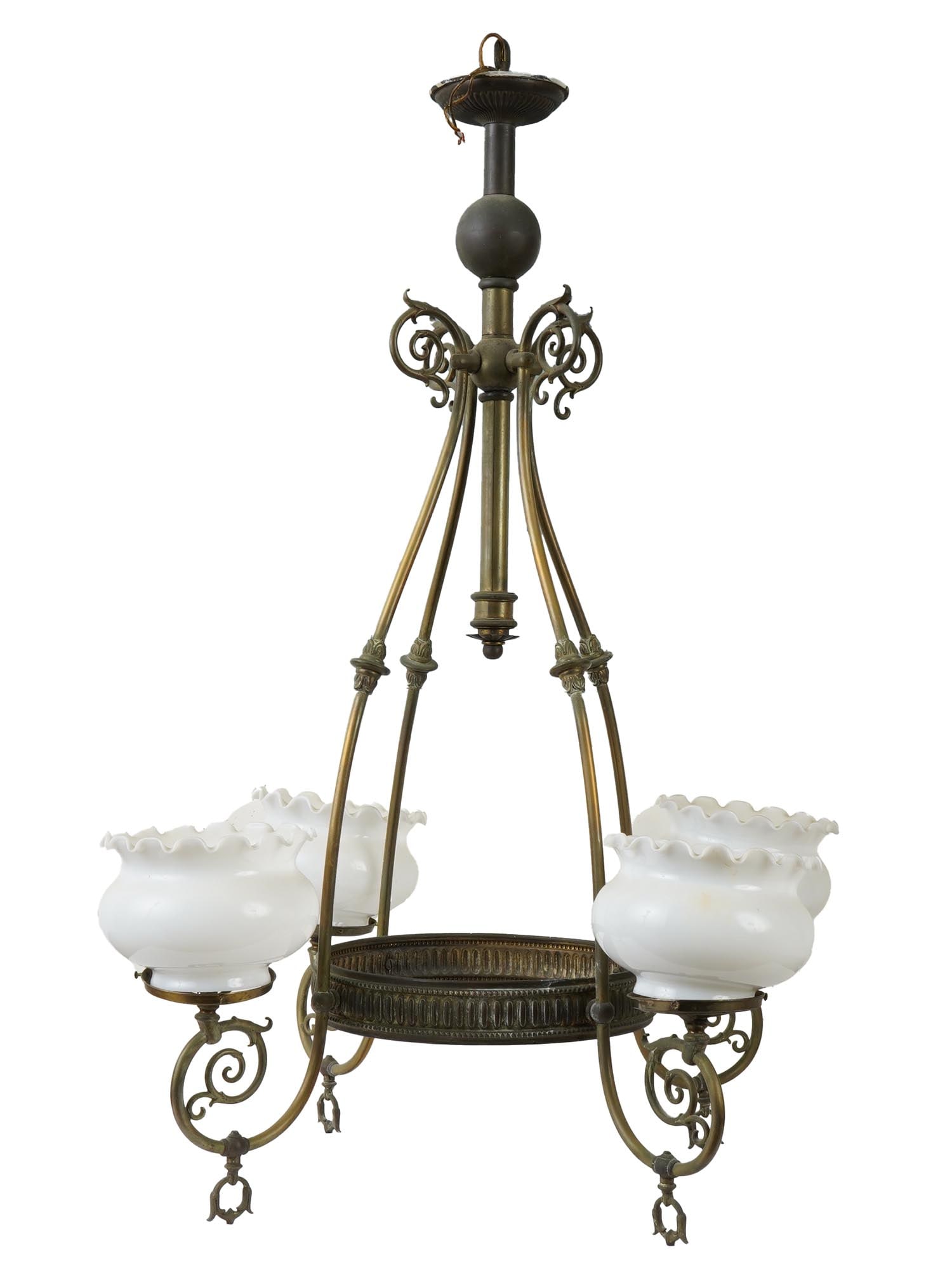 ANTIQUE 4 LIGHT BRASS CEILING CHANDELIER W GLASS SHADES (1 of 10)