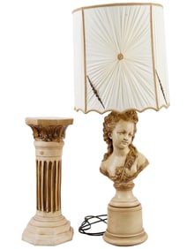 FEMALE BUST SCULPTURE LAMP W SHADE AND COLUMN STAND