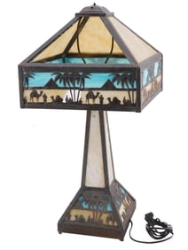 ANTIQUE ARTS AND CRAFT SLAG GLASS TABLE LAMP