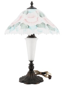 S SWAIN HAND PAINTED GLASS AND BRONZE TABLE LAMP