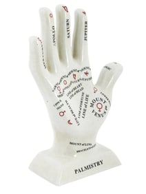 GLAZED CERAMIC PALMISTRY HAND MODEL SCULPTURE